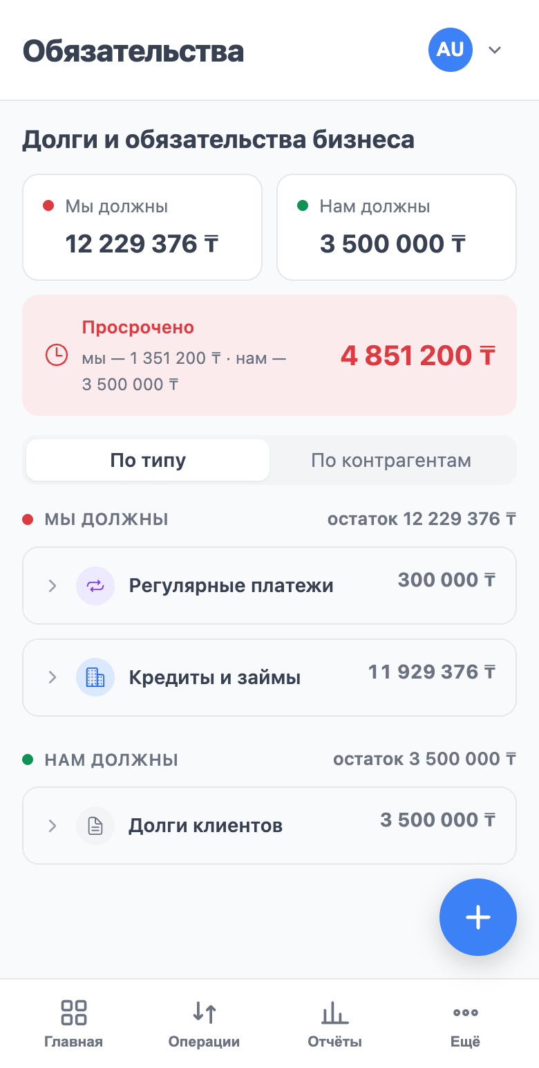 Реестр обязательств на телефоне: сводка, переключатель группировки и группы долгов